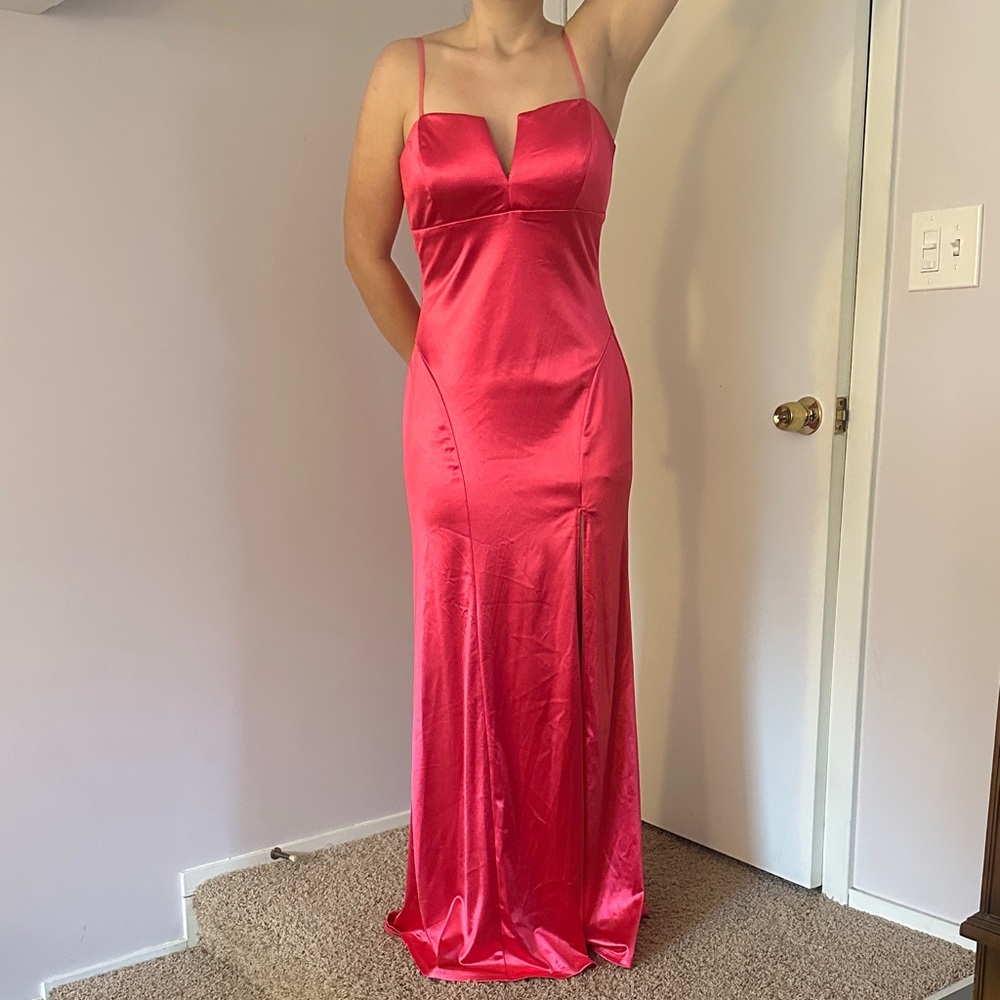 Emerald Sundae Elegant Watermelon Pink Satin Gown / Prom Dress